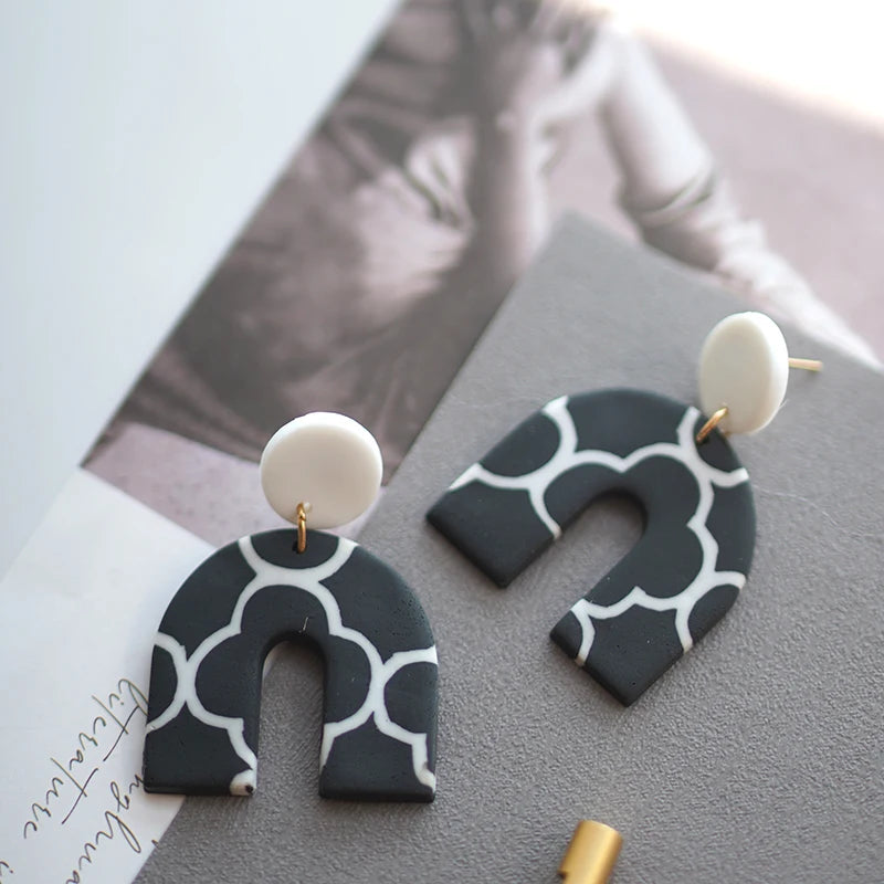 Black White Classic Floral Animal Pattern Elegant Big Multi Size Drop Long Dangle Unique Chandelier Polymer Clay Earrings Sets