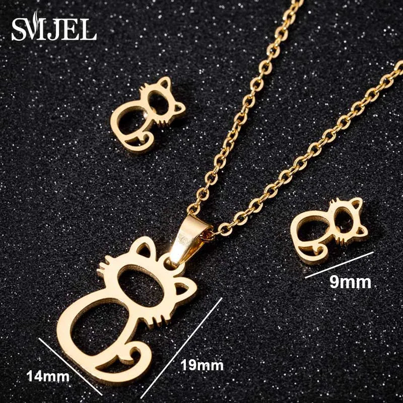 Lovely Gold Color Kitten Cat Stainless Steel Jewelry Set Necklaces Girl Collares Fashion Hollow Cat Earring Necklace Paw Jewelry