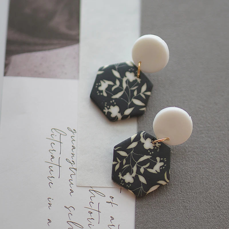 Black White Classic Floral Animal Pattern Elegant Big Multi Size Drop Long Dangle Unique Chandelier Polymer Clay Earrings Sets