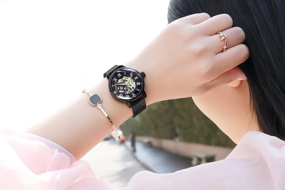 New Fashion Luxury Brand Skeleton Women Mechanical Watches Female Clock Automatic Self-Wind Wristwatches for Ladies Montre Femme