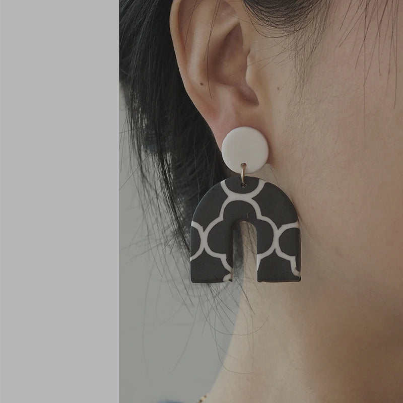 Black White Classic Floral Animal Pattern Elegant Big Multi Size Drop Long Dangle Unique Chandelier Polymer Clay Earrings Sets