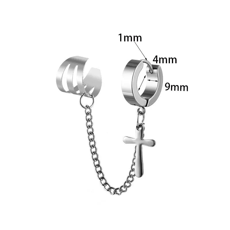 1Pcs Stainless Steel Ear Clip Earrings for Men Women Punk Cross Star Skull Non Piercing Fake Earrings Chain Pendant Hoop Earring