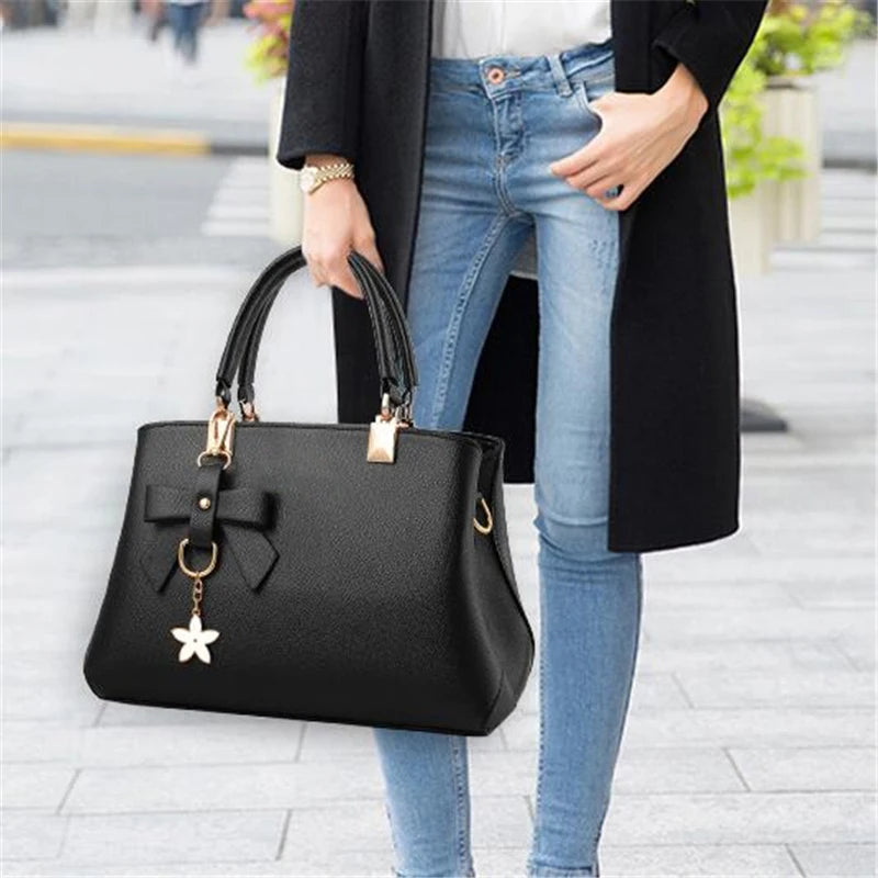 Yogodlns Elegant Women Messenger Bags with flower pendant Office Ladies Totes Pure Handbag for female Crossbody Shoulder Bags