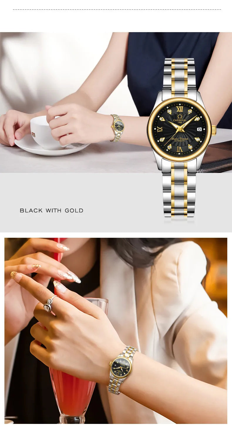 CARNIVAL Brand Luxury Mechanical Watch for Women Ladies Fashion Sapphire Automatic Movement Wristwatches Waterproof Reloj Mujer