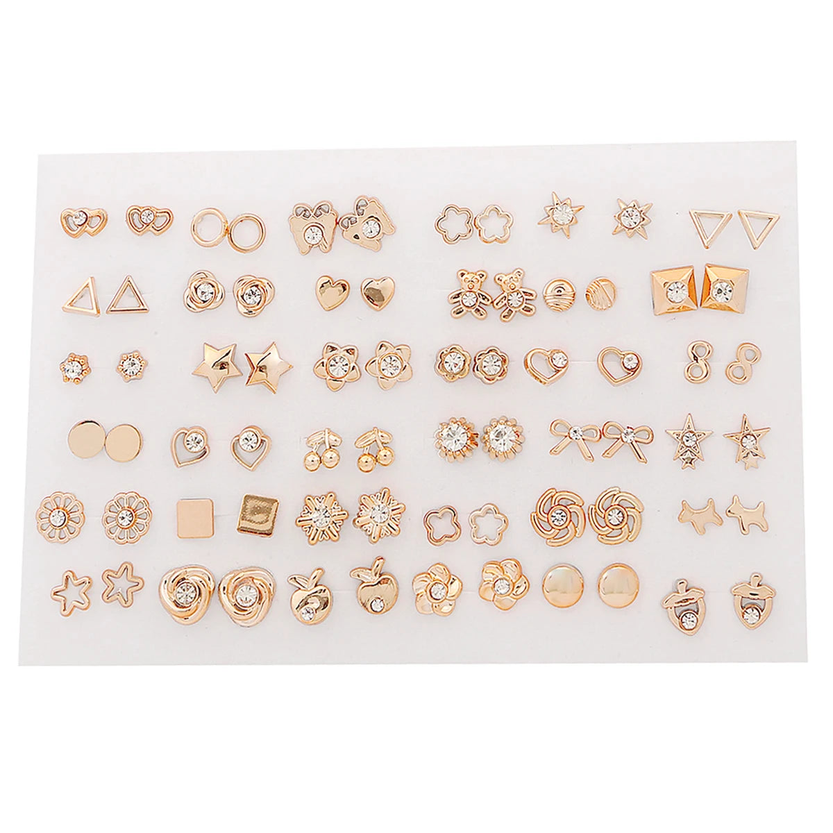 36Pairs/Set Gold Color Earrings Mixed Styles Rhinestone Flower Geometric Heart Star Plastic Stud Earrings Set For Women Jewelry