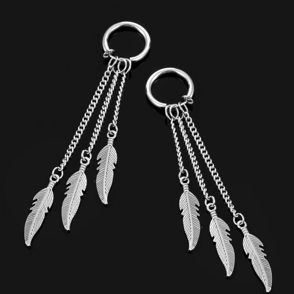 Men Punk Stainless Steel Stud Earring Earrings Feather Tassel Long Chain Pendant Unisex Trend Rock Hipster Ear Clip Woman Gift