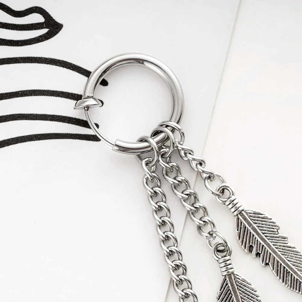 Men Punk Stainless Steel Stud Earring Earrings Feather Tassel Long Chain Pendant Unisex Trend Rock Hipster Ear Clip Woman Gift