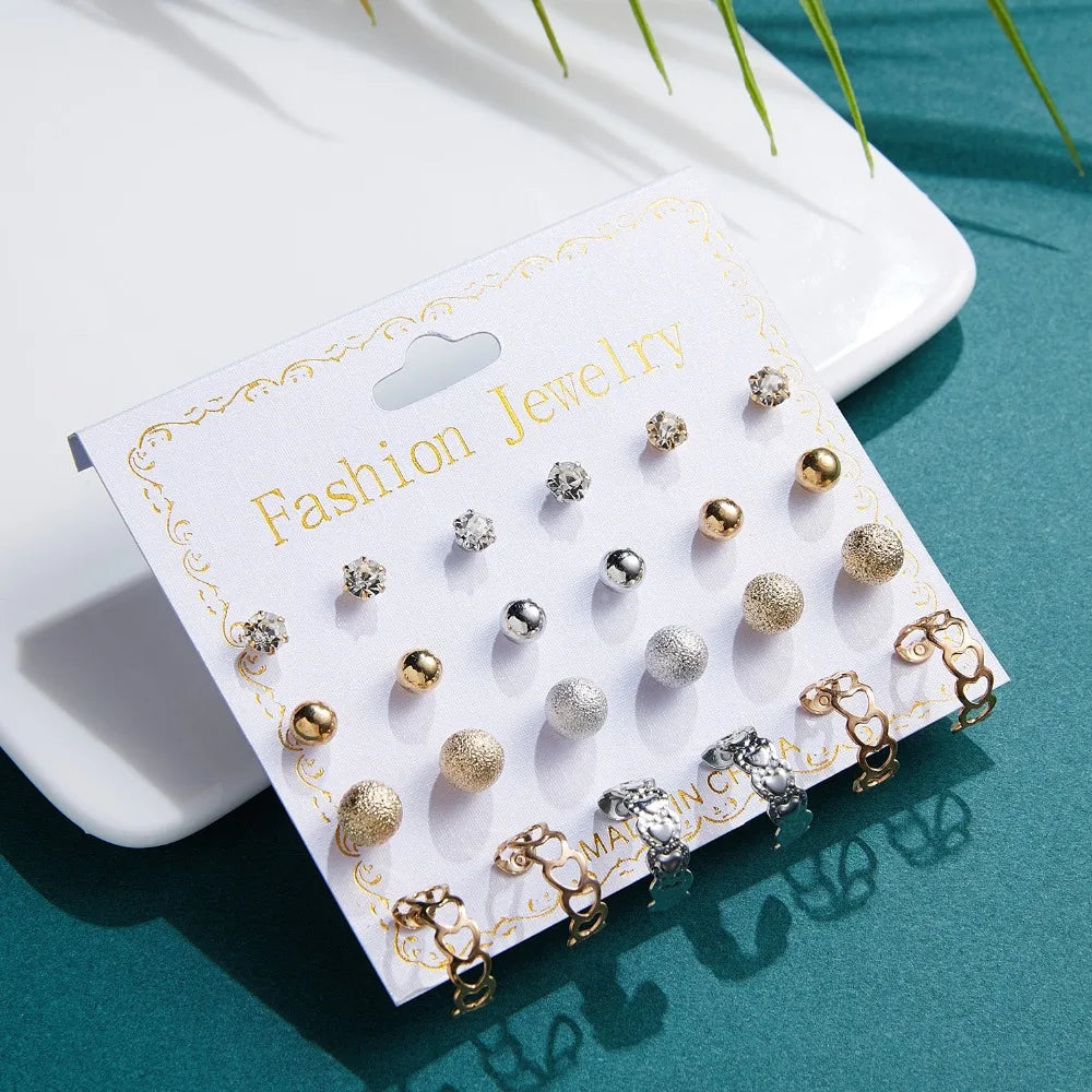 12 Pairs/set Classic Crystal Stud Earring Sets Women's Round Ball Metal Pearl Flower Earrings For Women Girl Gift Mixed Jewelry