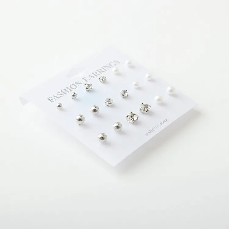 2017 New Simple Fashion Wild Rhinestones Pearl 9 Sets Of Ear Studs Earrings For Women Stud Earrings Pendientes Mujer Moda