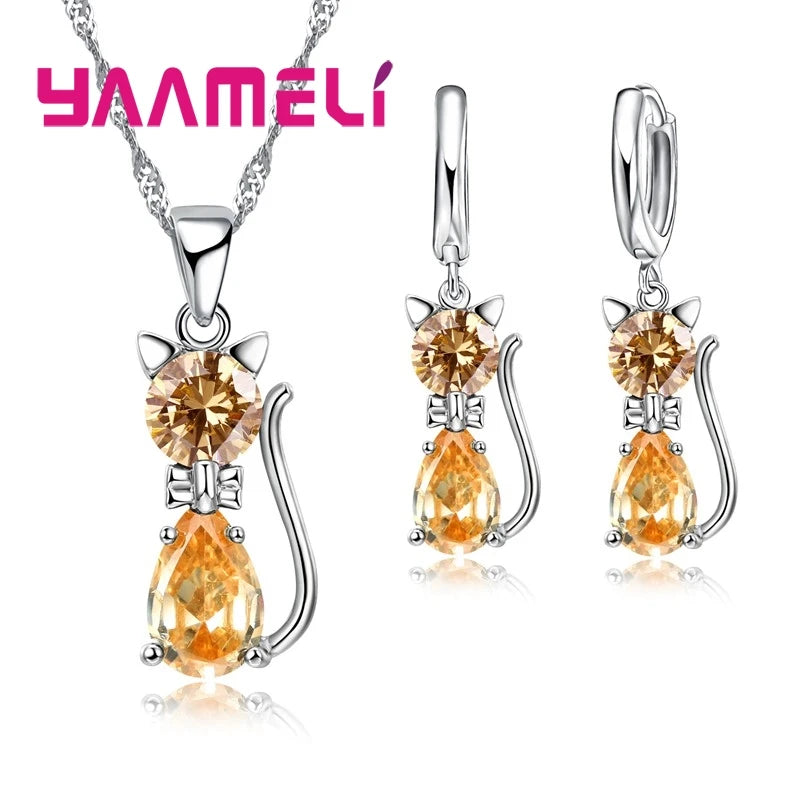 Real 925 Sterling Silver Jewelry Sets for Woman Girls Shining 7 Colors Austrian Crystal Cute Cat Pendant Necklace Huggie Earring