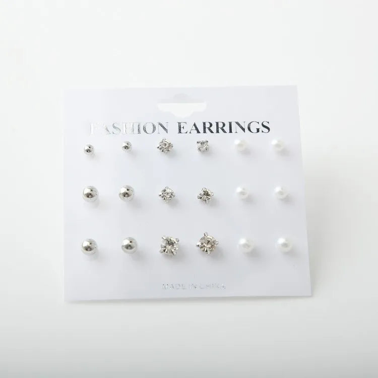 2017 New Simple Fashion Wild Rhinestones Pearl 9 Sets Of Ear Studs Earrings For Women Stud Earrings Pendientes Mujer Moda