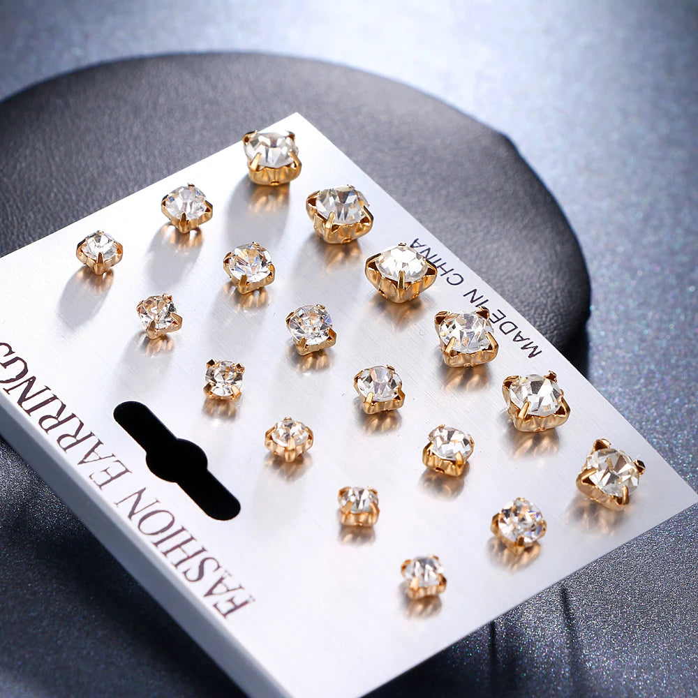 ALIUTOM 9 Pairs/set Mix Design Square Crystal Stud Earrings Piercing Gold Color Silver Color Earrings For Women Bijoux Jewelry