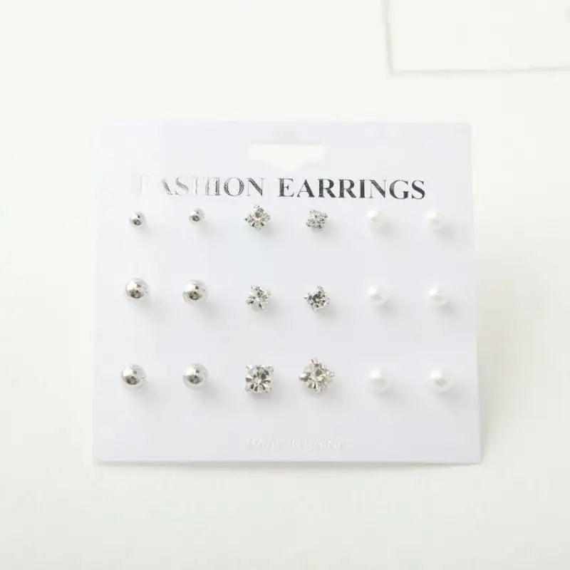 2017 New Simple Fashion Wild Rhinestones Pearl 9 Sets Of Ear Studs Earrings For Women Stud Earrings Pendientes Mujer Moda