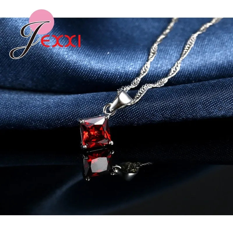 8 Colors 925 Sterling Silver Women Wedding Beautiful Pendant Necklace Earrings Set Clearly Square Crystal Jewelry Sets