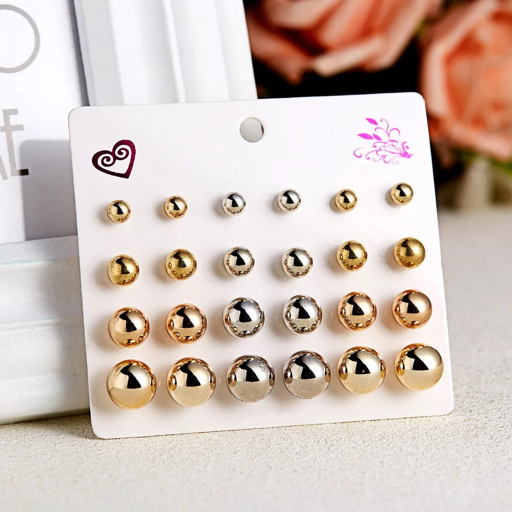 Rinhoo 12pairs Crystal Simulated Pearl Earrings Sets For Women Colorful Round Ear Stud Earrings Wedding Jewelry Box Earrings