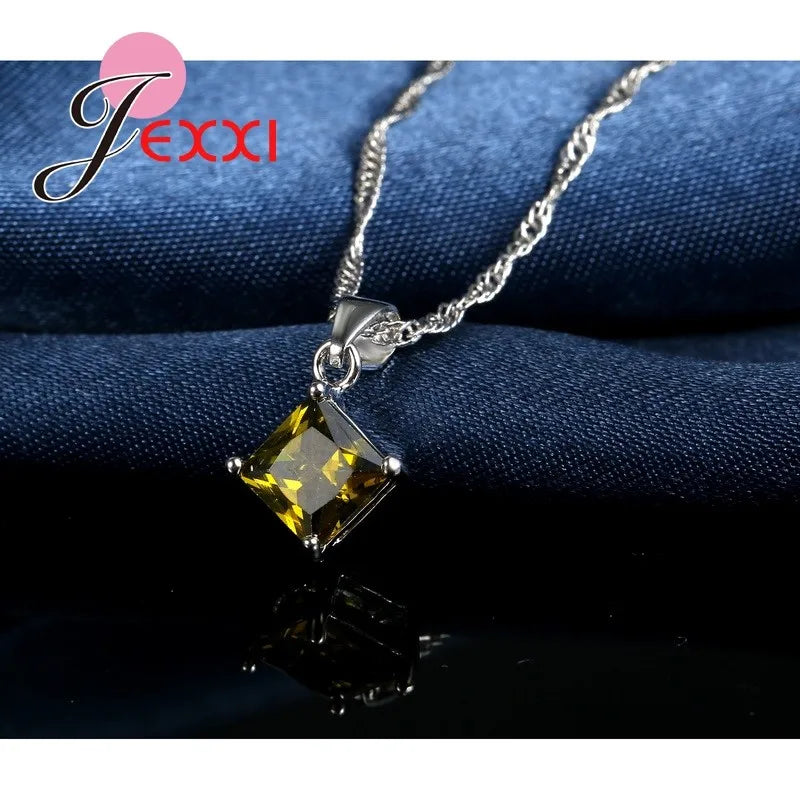 8 Colors 925 Sterling Silver Women Wedding Beautiful Pendant Necklace Earrings Set Clearly Square Crystal Jewelry Sets