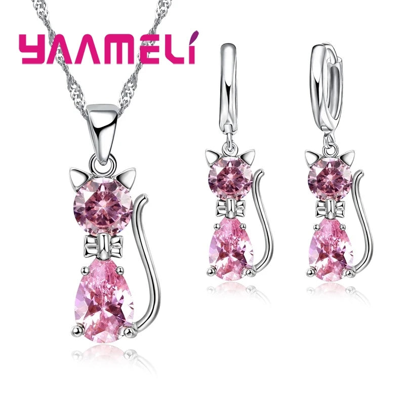 Real 925 Sterling Silver Jewelry Sets for Woman Girls Shining 7 Colors Austrian Crystal Cute Cat Pendant Necklace Huggie Earring