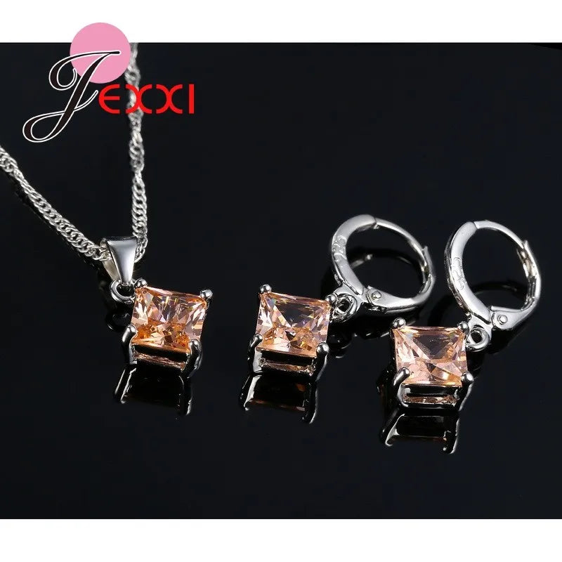 8 Colors 925 Sterling Silver Women Wedding Beautiful Pendant Necklace Earrings Set Clearly Square Crystal Jewelry Sets