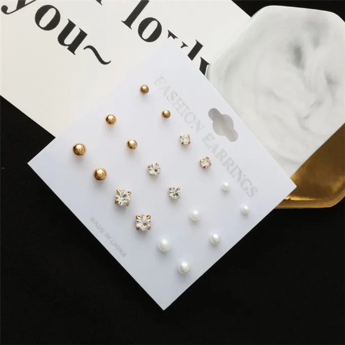 Fashion 9 Pcs/Set Round Square Crystal Gold Color Stud Earrings Simulated Pearl Ball Silver Color Earring Set For Women Jewelry