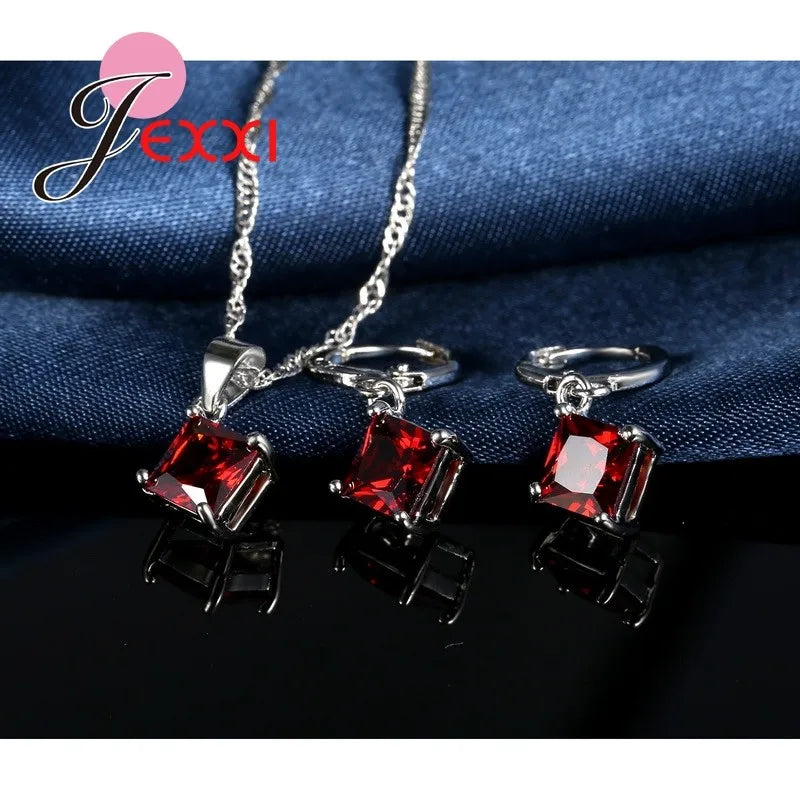 8 Colors 925 Sterling Silver Women Wedding Beautiful Pendant Necklace Earrings Set Clearly Square Crystal Jewelry Sets