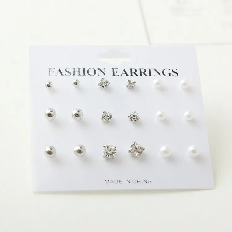 2017 New Simple Fashion Wild Rhinestones Pearl 9 Sets Of Ear Studs Earrings For Women Stud Earrings Pendientes Mujer Moda