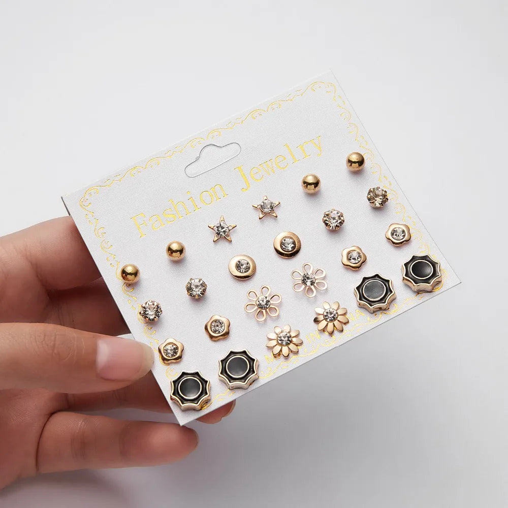 12 Pairs/set Classic Crystal Stud Earring Sets Women's Round Ball Metal Pearl Flower Earrings For Women Girl Gift Mixed Jewelry