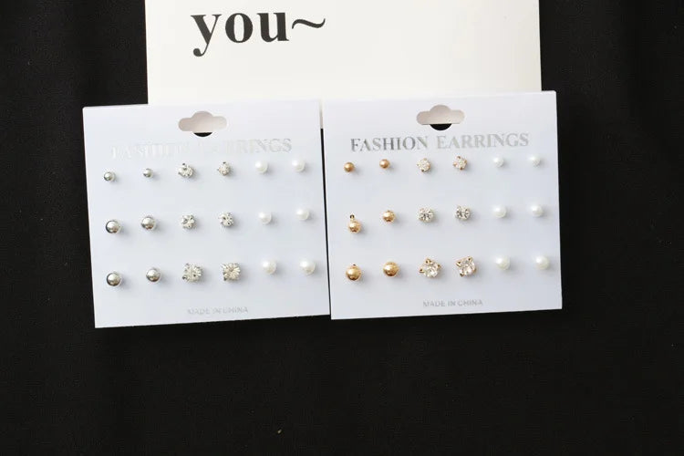 2017 New Simple Fashion Wild Rhinestones Pearl 9 Sets Of Ear Studs Earrings For Women Stud Earrings Pendientes Mujer Moda