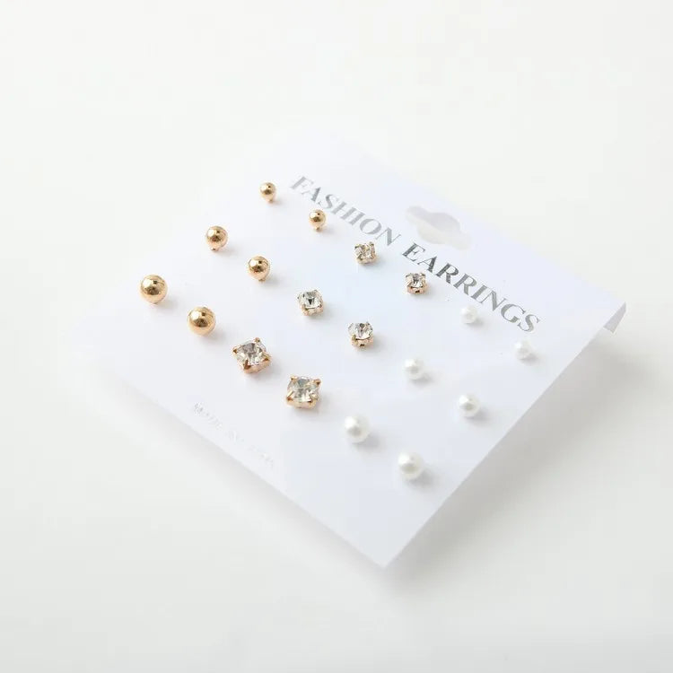 2017 New Simple Fashion Wild Rhinestones Pearl 9 Sets Of Ear Studs Earrings For Women Stud Earrings Pendientes Mujer Moda