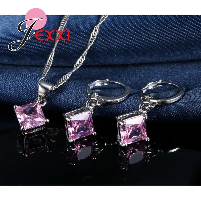 8 Colors 925 Sterling Silver Women Wedding Beautiful Pendant Necklace Earrings Set Clearly Square Crystal Jewelry Sets