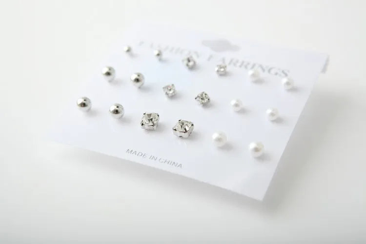 2017 New Simple Fashion Wild Rhinestones Pearl 9 Sets Of Ear Studs Earrings For Women Stud Earrings Pendientes Mujer Moda