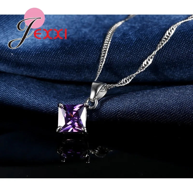 8 Colors 925 Sterling Silver Women Wedding Beautiful Pendant Necklace Earrings Set Clearly Square Crystal Jewelry Sets