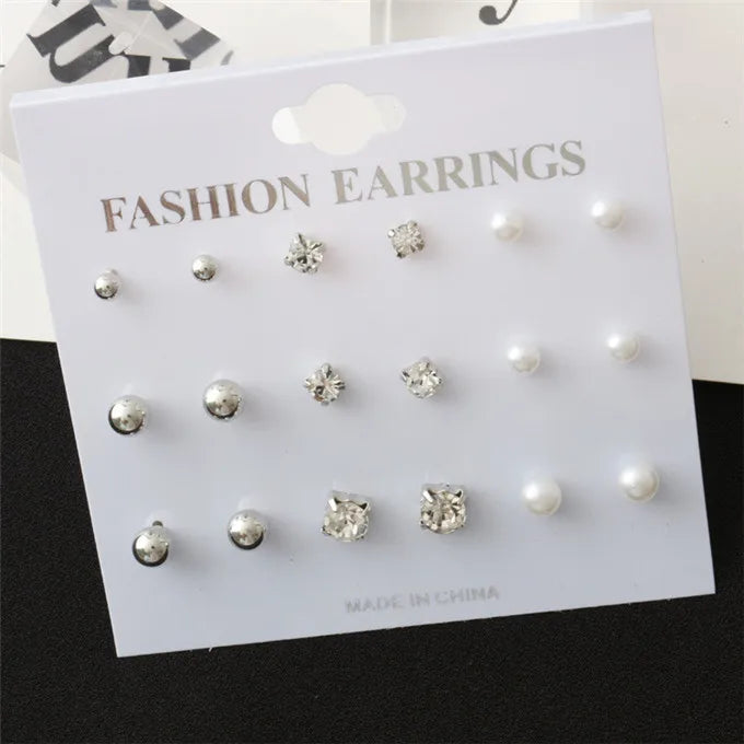 Fashion 9 Pcs/Set Round Square Crystal Gold Color Stud Earrings Simulated Pearl Ball Silver Color Earring Set For Women Jewelry