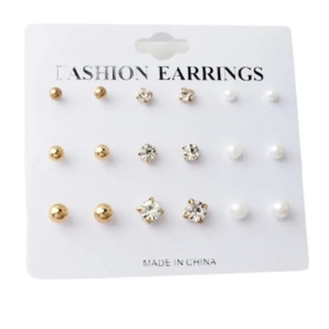 Fashion 9 Pcs/Set Round Square Crystal Gold Color Stud Earrings Simulated Pearl Ball Silver Color Earring Set For Women Jewelry