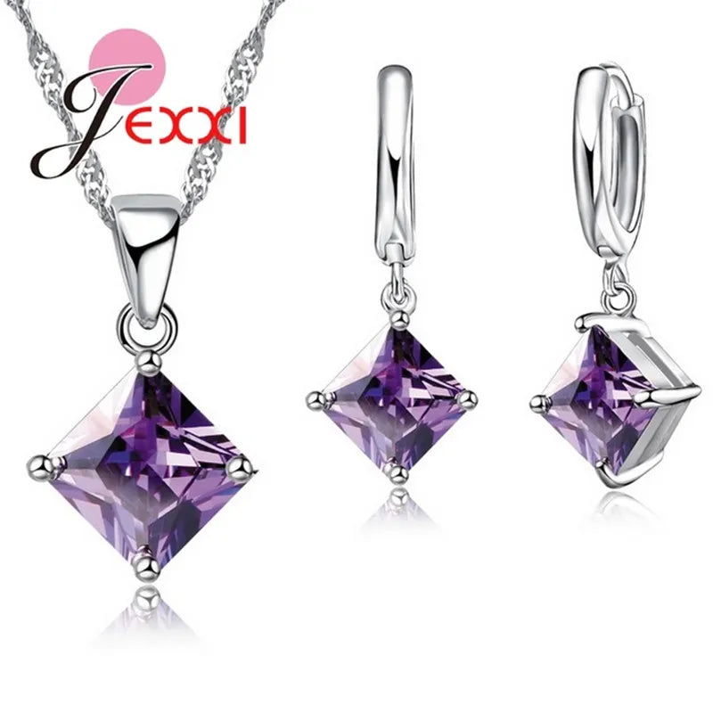 8 Colors 925 Sterling Silver Women Wedding Beautiful Pendant Necklace Earrings Set Clearly Square Crystal Jewelry Sets