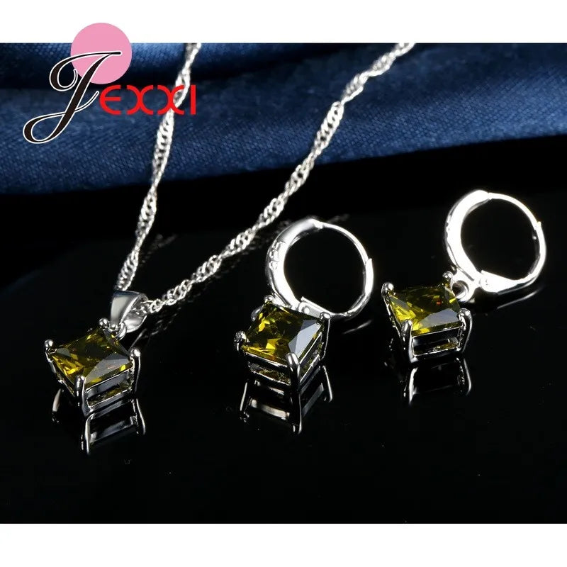 8 Colors 925 Sterling Silver Women Wedding Beautiful Pendant Necklace Earrings Set Clearly Square Crystal Jewelry Sets