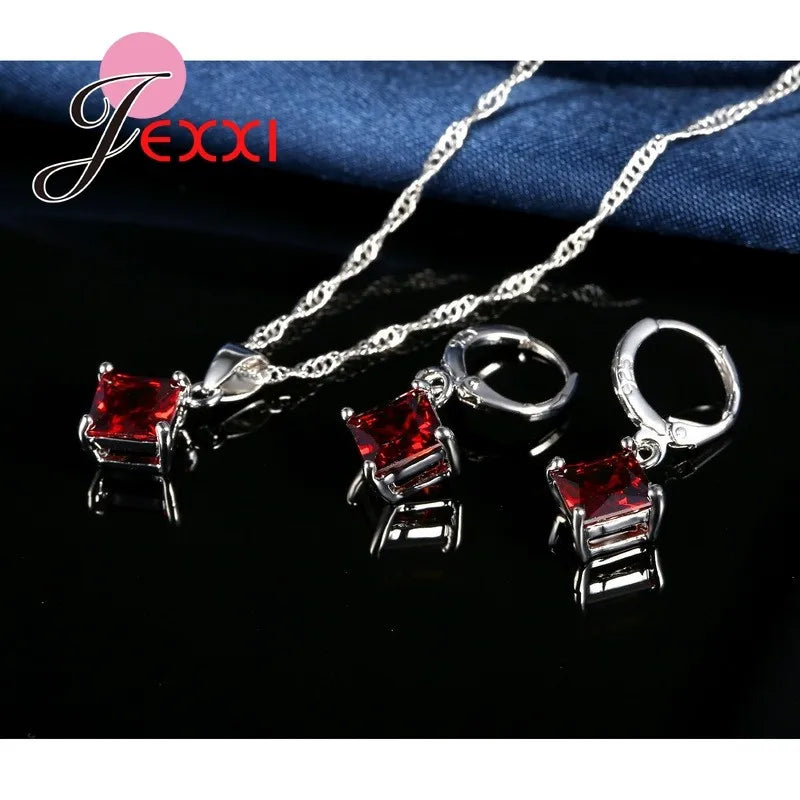 8 Colors 925 Sterling Silver Women Wedding Beautiful Pendant Necklace Earrings Set Clearly Square Crystal Jewelry Sets