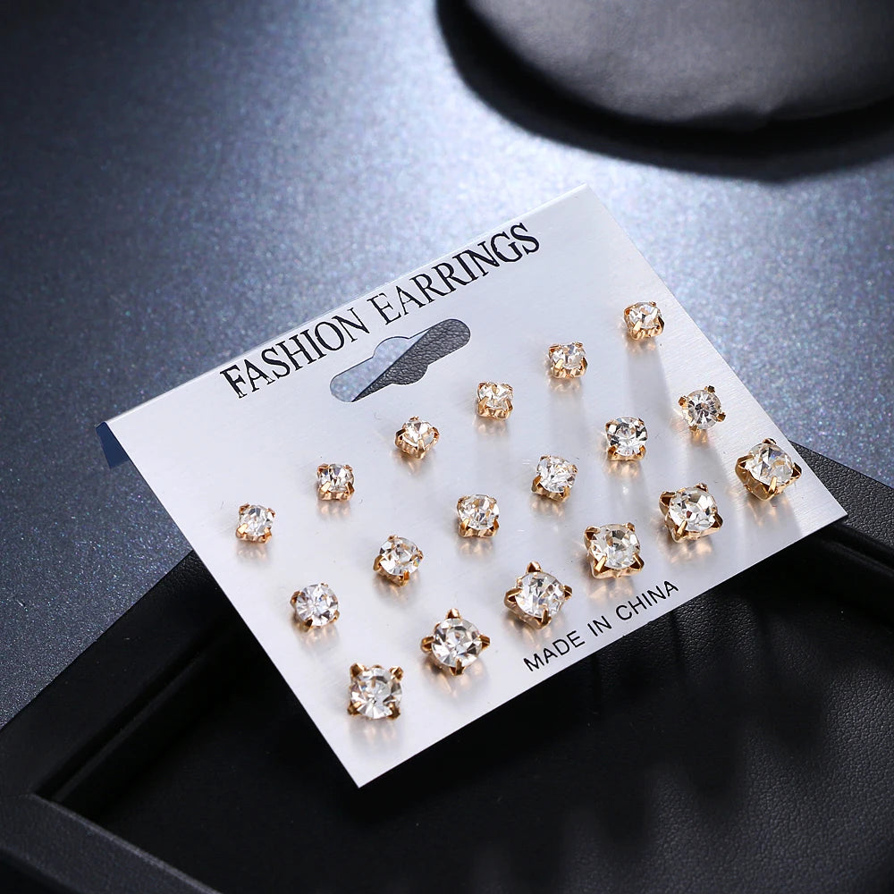 ALIUTOM 9 Pairs/set Mix Design Square Crystal Stud Earrings Piercing Gold Color Silver Color Earrings For Women Bijoux Jewelry