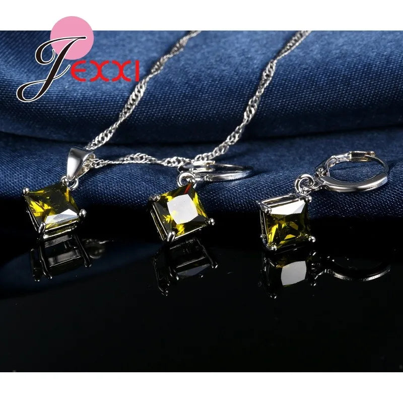 8 Colors 925 Sterling Silver Women Wedding Beautiful Pendant Necklace Earrings Set Clearly Square Crystal Jewelry Sets