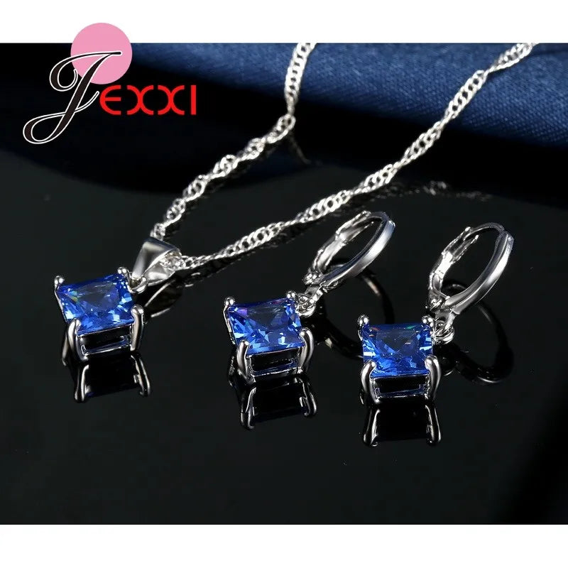 8 Colors 925 Sterling Silver Women Wedding Beautiful Pendant Necklace Earrings Set Clearly Square Crystal Jewelry Sets