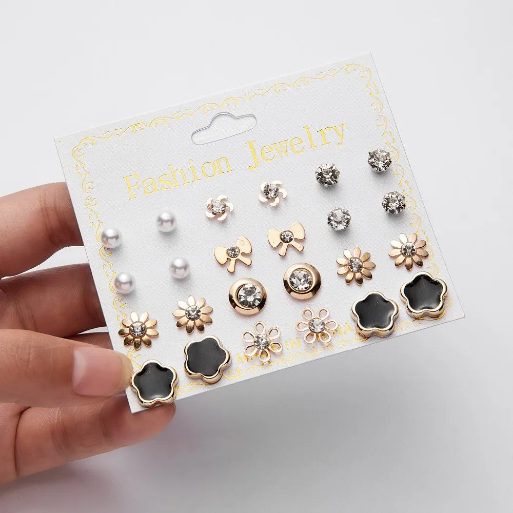 12 Pairs/set Classic Crystal Stud Earring Sets Women's Round Ball Metal Pearl Flower Earrings For Women Girl Gift Mixed Jewelry