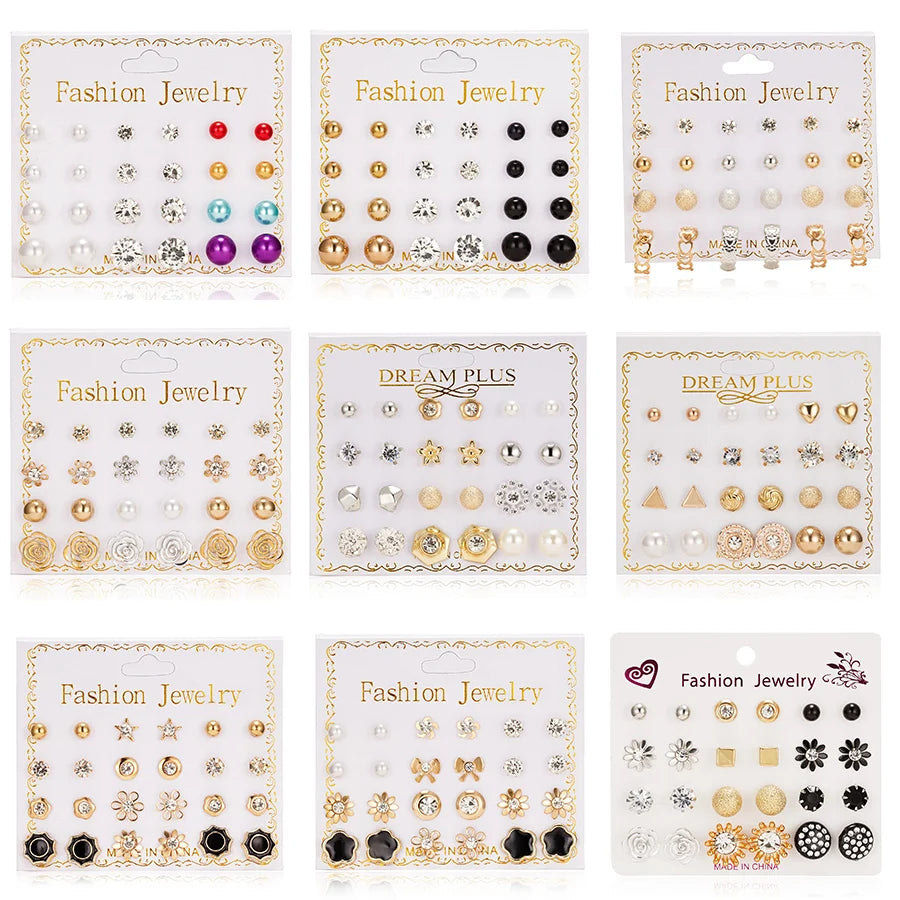 12 Pairs/set Classic Crystal Stud Earring Sets Women's Round Ball Metal Pearl Flower Earrings For Women Girl Gift Mixed Jewelry