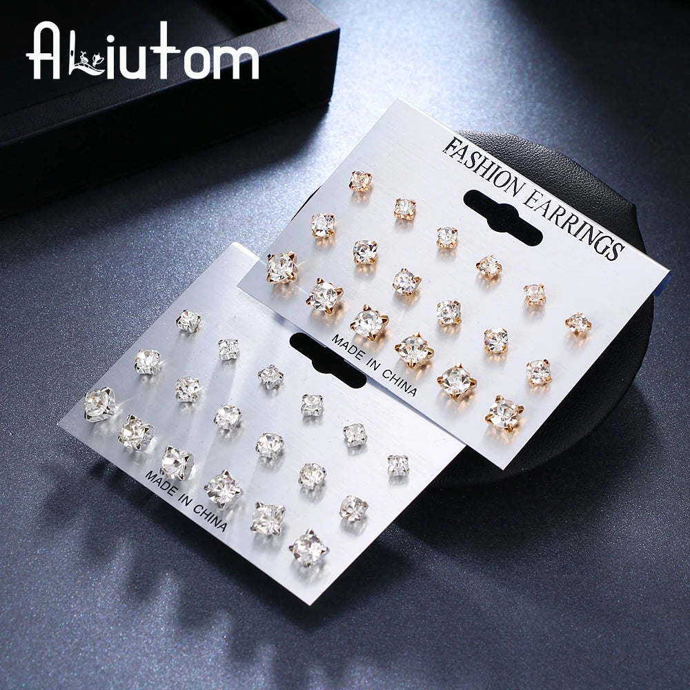 ALIUTOM 9 Pairs/set Mix Design Square Crystal Stud Earrings Piercing Gold Color Silver Color Earrings For Women Bijoux Jewelry