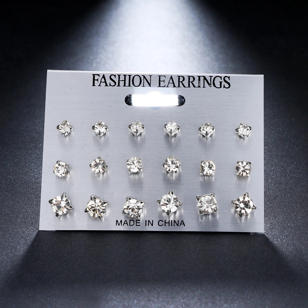 ALIUTOM 9 Pairs/set Mix Design Square Crystal Stud Earrings Piercing Gold Color Silver Color Earrings For Women Bijoux Jewelry