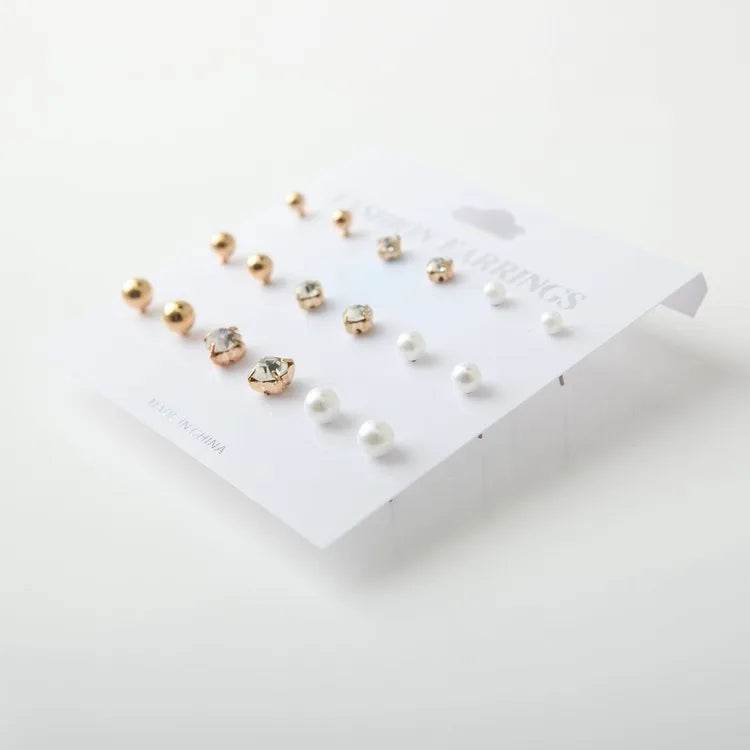 2017 New Simple Fashion Wild Rhinestones Pearl 9 Sets Of Ear Studs Earrings For Women Stud Earrings Pendientes Mujer Moda