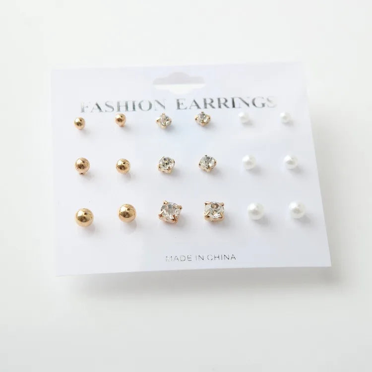 2017 New Simple Fashion Wild Rhinestones Pearl 9 Sets Of Ear Studs Earrings For Women Stud Earrings Pendientes Mujer Moda