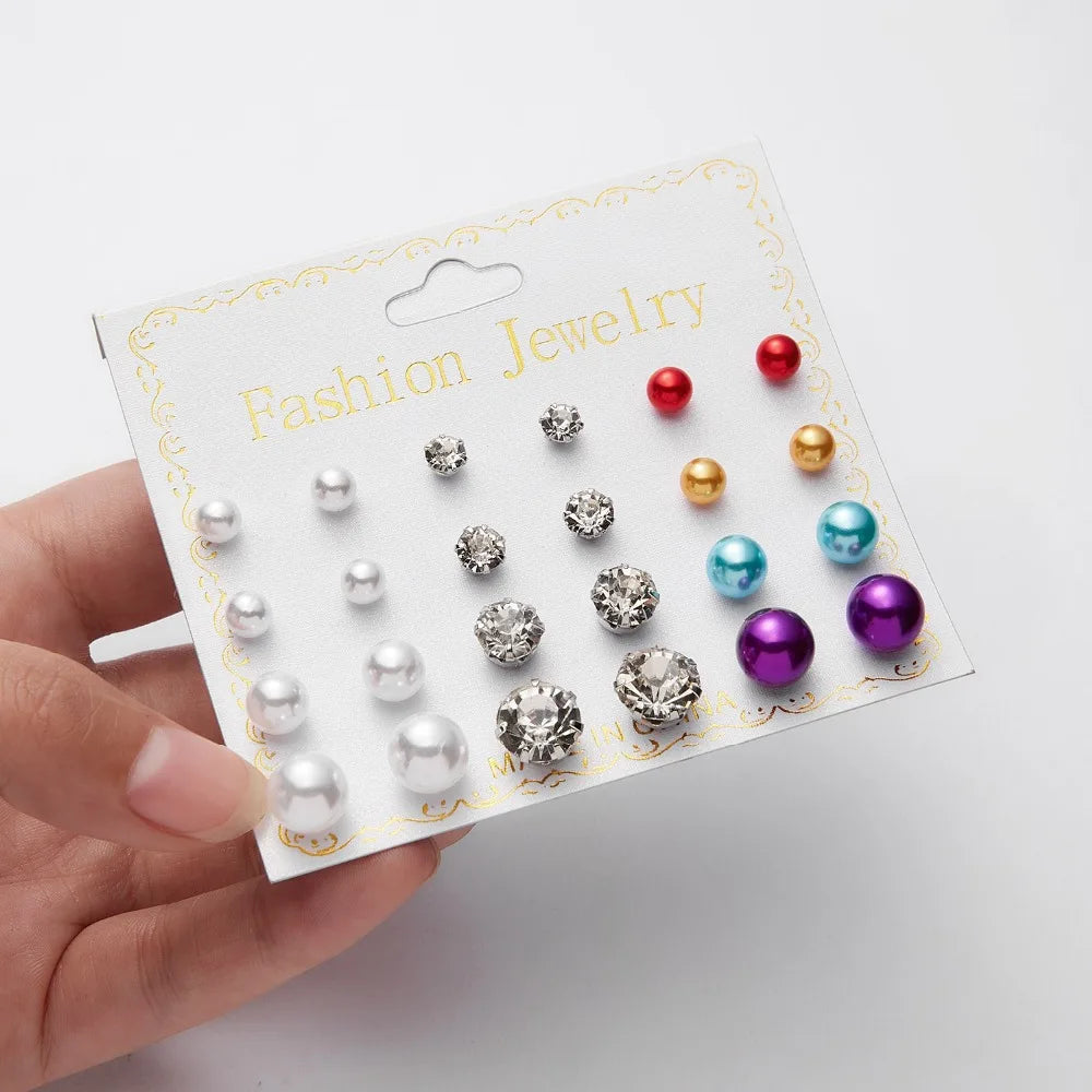 12 Pairs/set Classic Crystal Stud Earring Sets Women's Round Ball Metal Pearl Flower Earrings For Women Girl Gift Mixed Jewelry