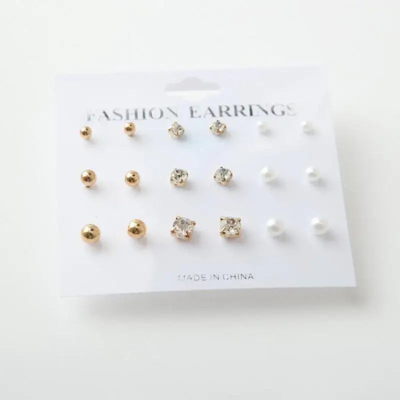 2017 New Simple Fashion Wild Rhinestones Pearl 9 Sets Of Ear Studs Earrings For Women Stud Earrings Pendientes Mujer Moda