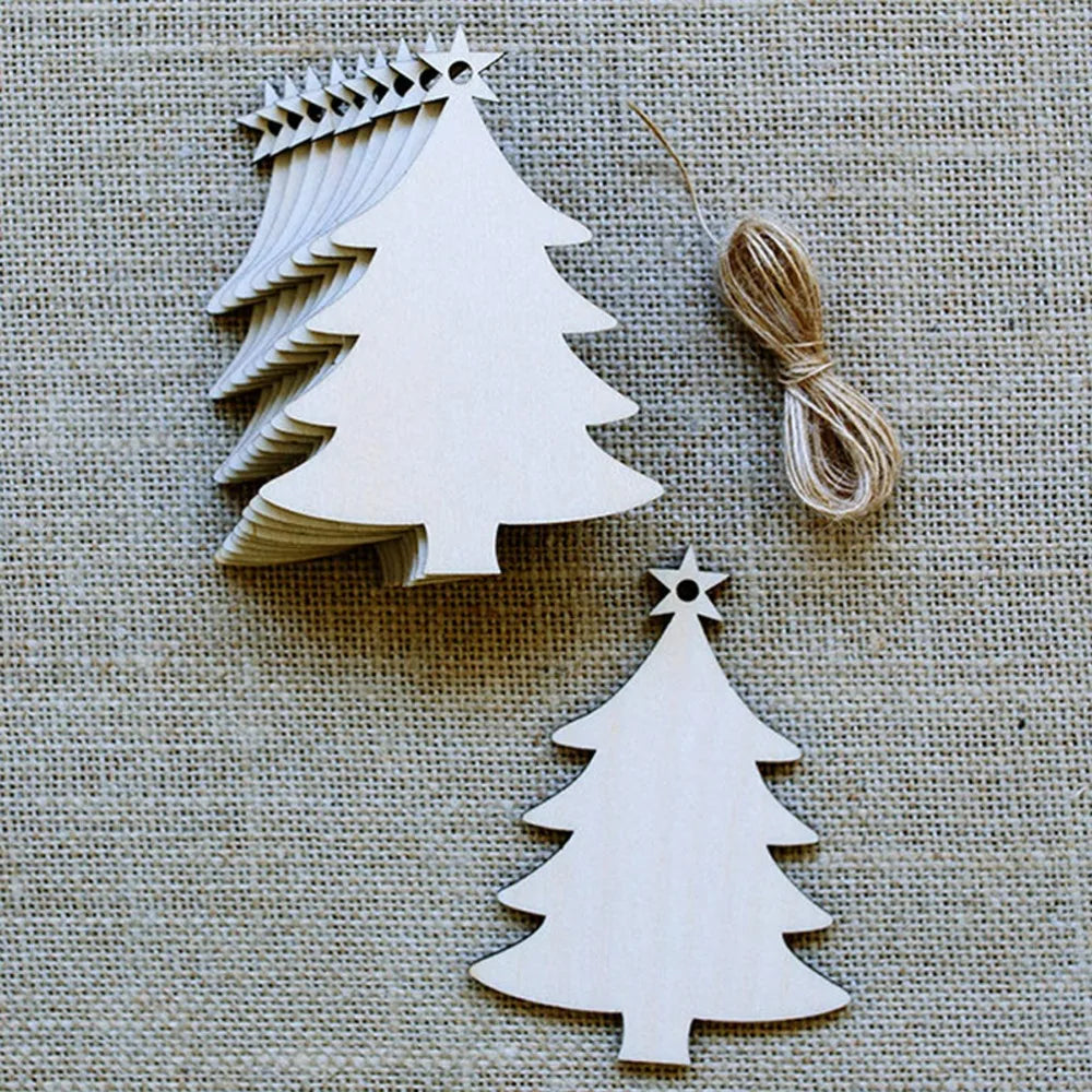 10pcs Wooden Tree Embellishments Wood Christmas Tree Blanks with Twines for Christmas DIY Craft Card Decor