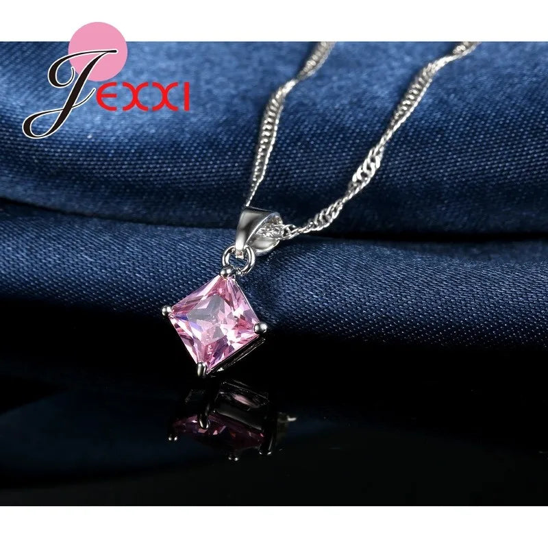 8 Colors 925 Sterling Silver Women Wedding Beautiful Pendant Necklace Earrings Set Clearly Square Crystal Jewelry Sets