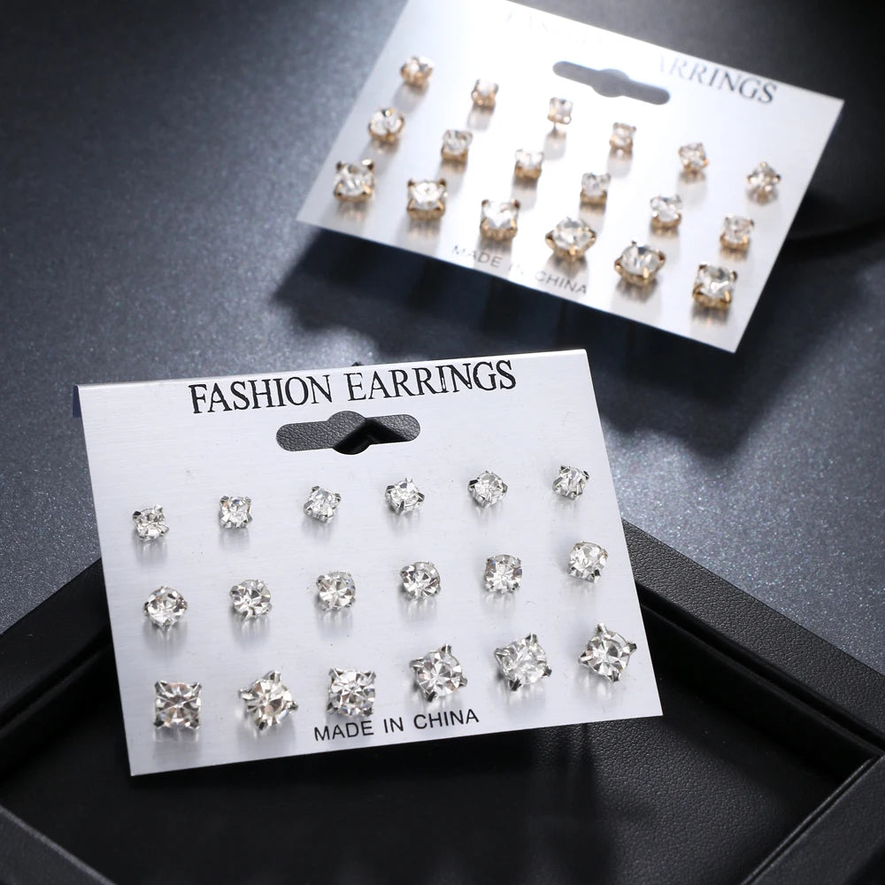 ALIUTOM 9 Pairs/set Mix Design Square Crystal Stud Earrings Piercing Gold Color Silver Color Earrings For Women Bijoux Jewelry